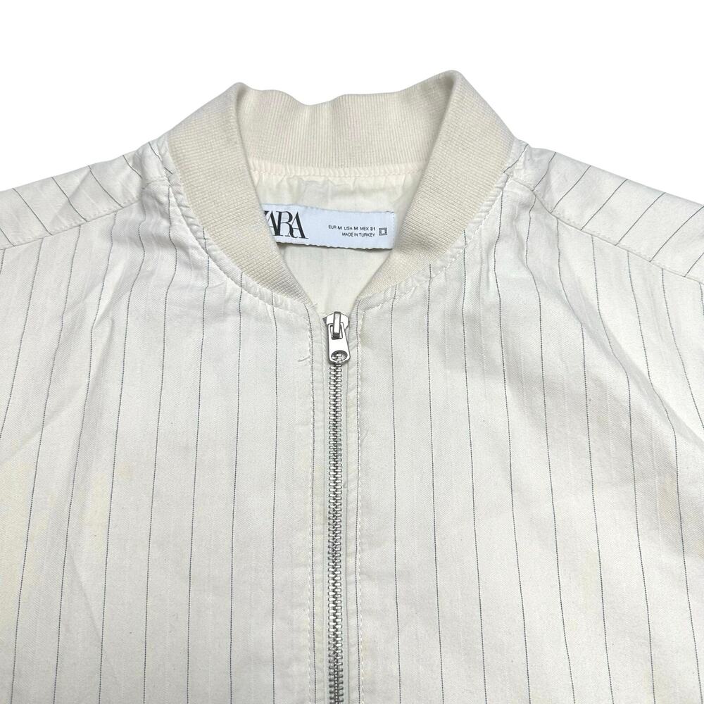 Zara | Men | Pinstripe Cream White Cotton Full Zip Light Bomber Jacket | Medium - Picture 10 of 15